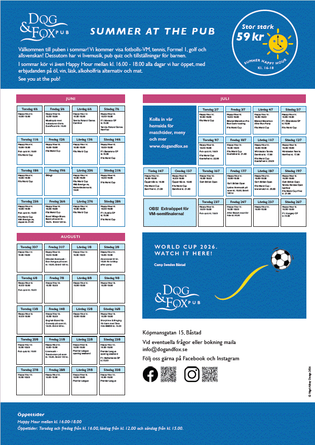 Calendar of events Dog & Fox Summer 2026
